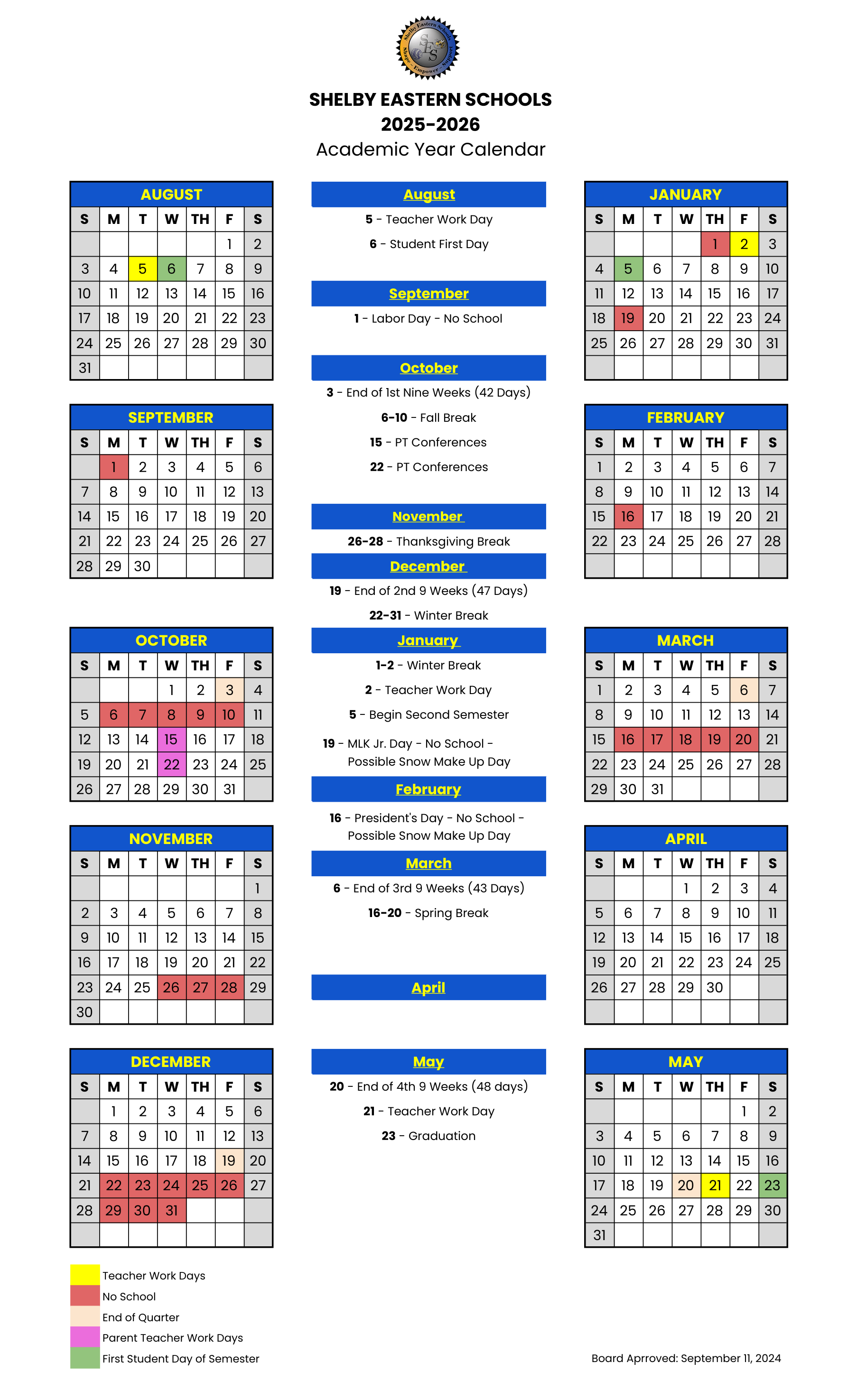 Calendar | SHELBY EASTERN SCHOOLS