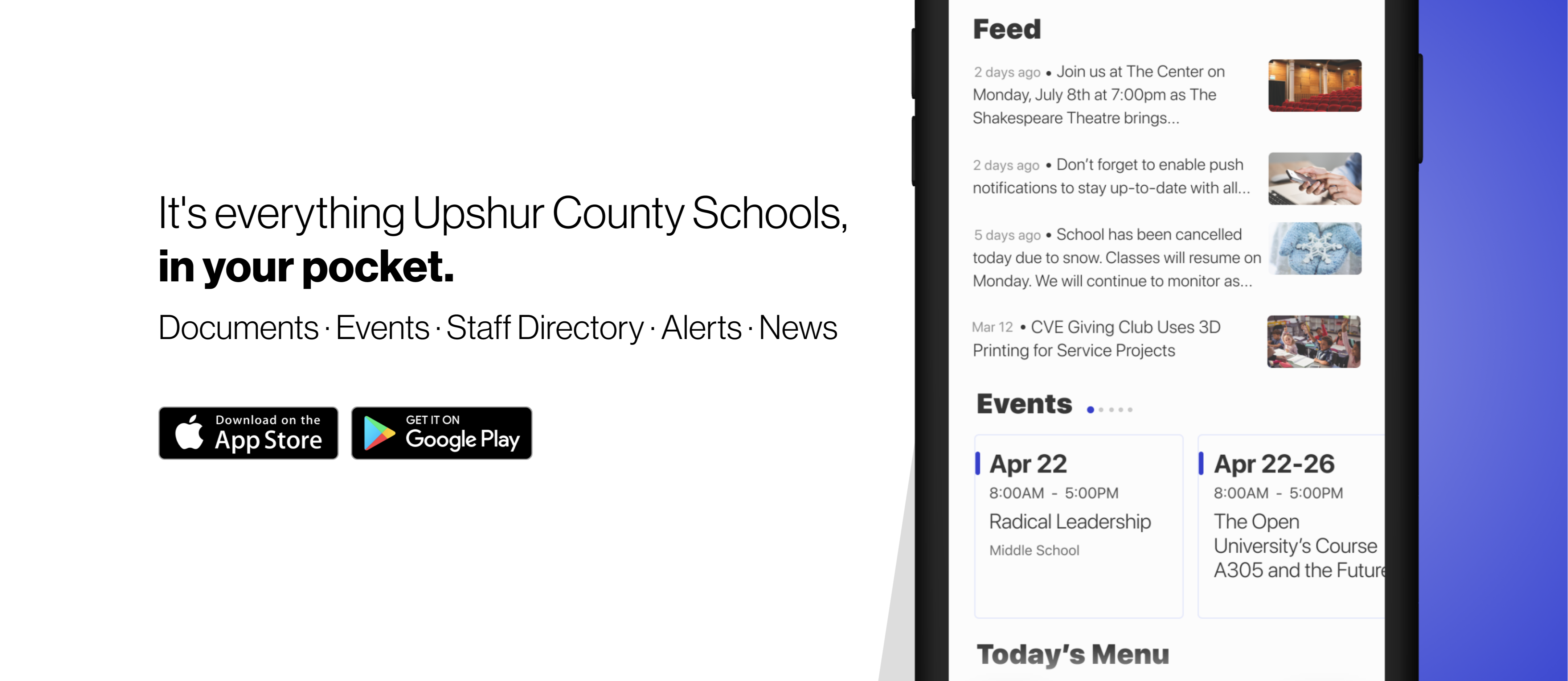It's everything Upshur County Schools in your pocket. Documents, Events, Alerts, Staff Directory, News. Download in Google Play or App Store.