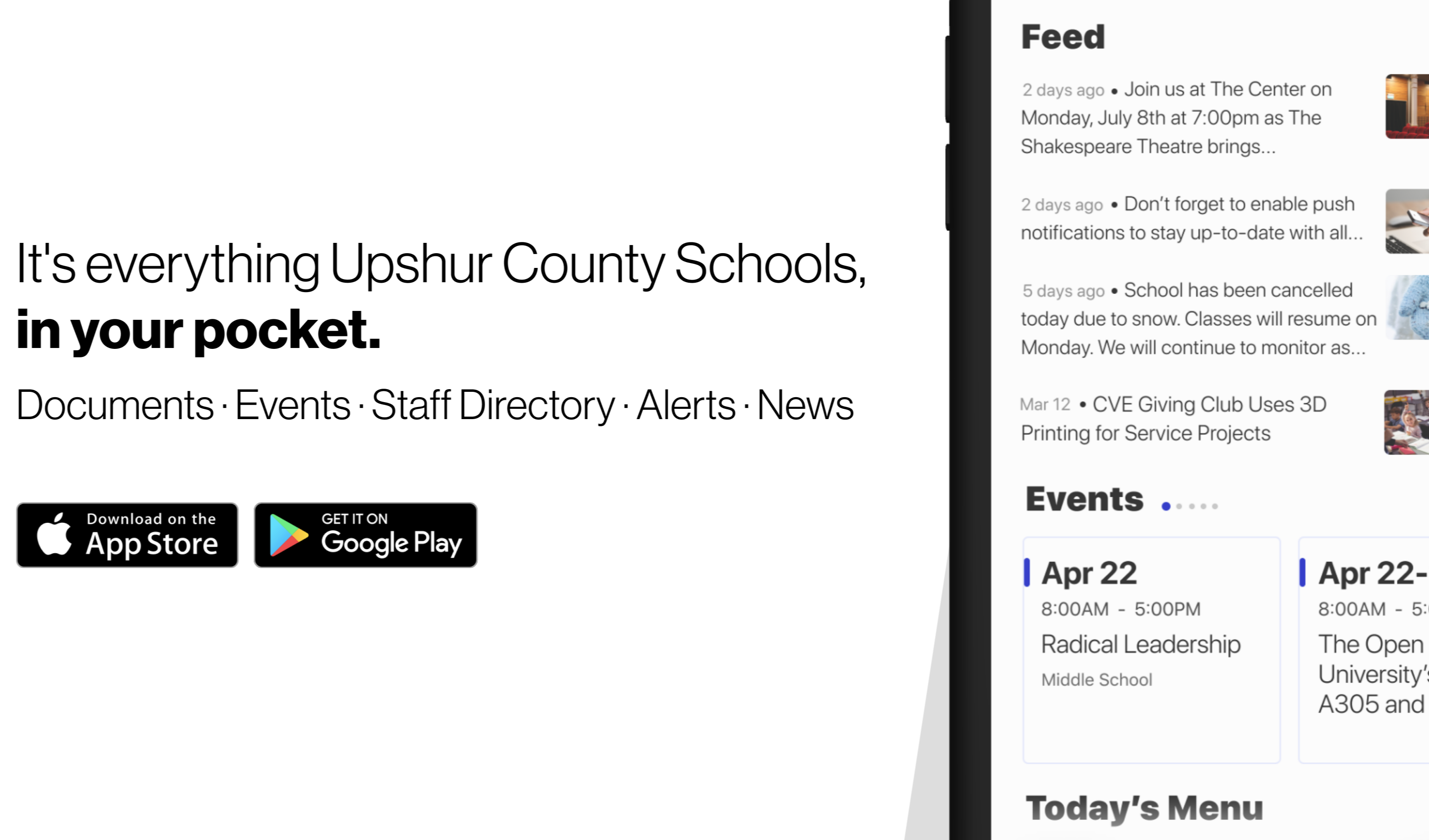 It's everything Upshur County Schools in your pocket. Documents, Events, Alerts, Staff Directory, News. Download in Google Play or App Store.