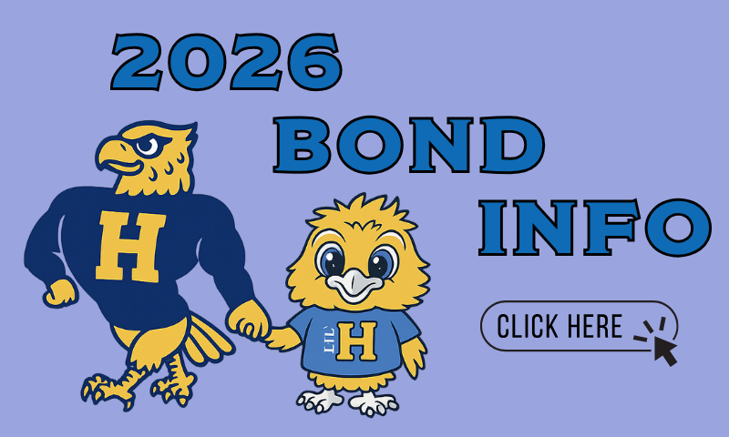 Graphic features mascots, an eagle and a chick, holding hands with "2026 Bond Info" text. A "Click Here" button is present.