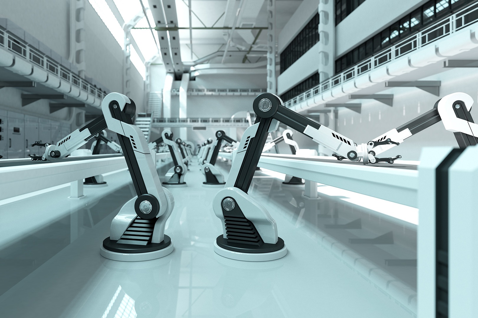 A futuristic factory floor with white walls and ceiling, featuring multiple white robotic arms working on a conveyor belt.