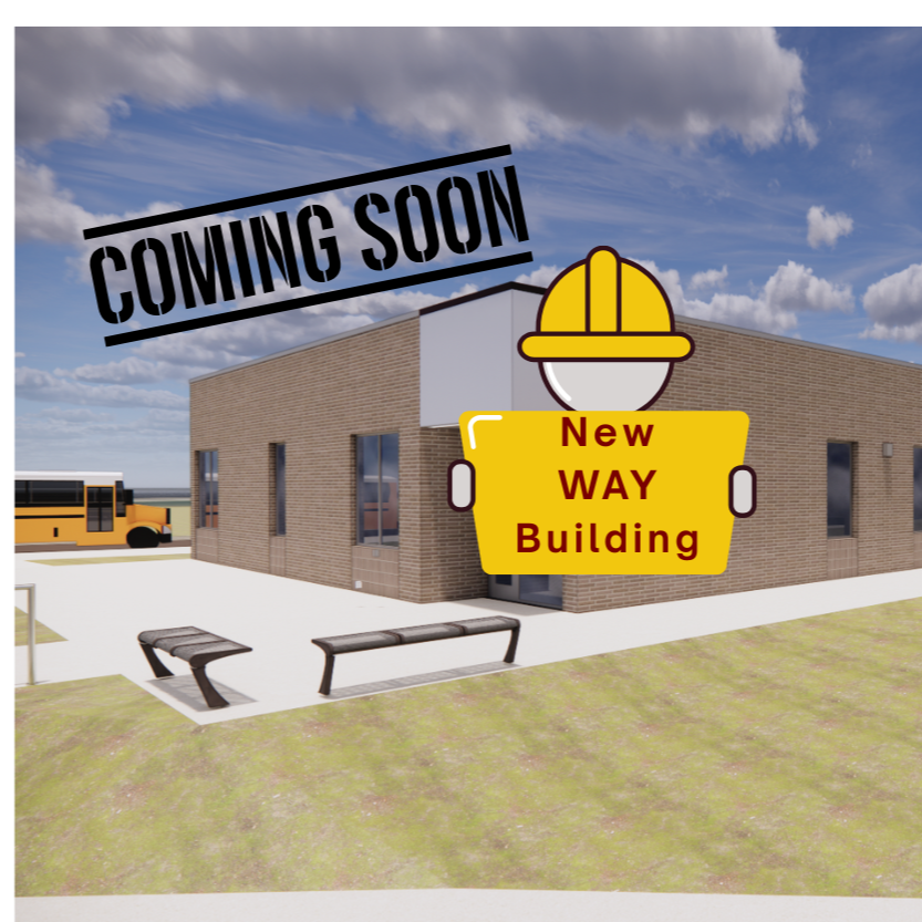 Computer-generated image shows a sign reading "New Way Building" and "Coming Soon." It is in front of a building.