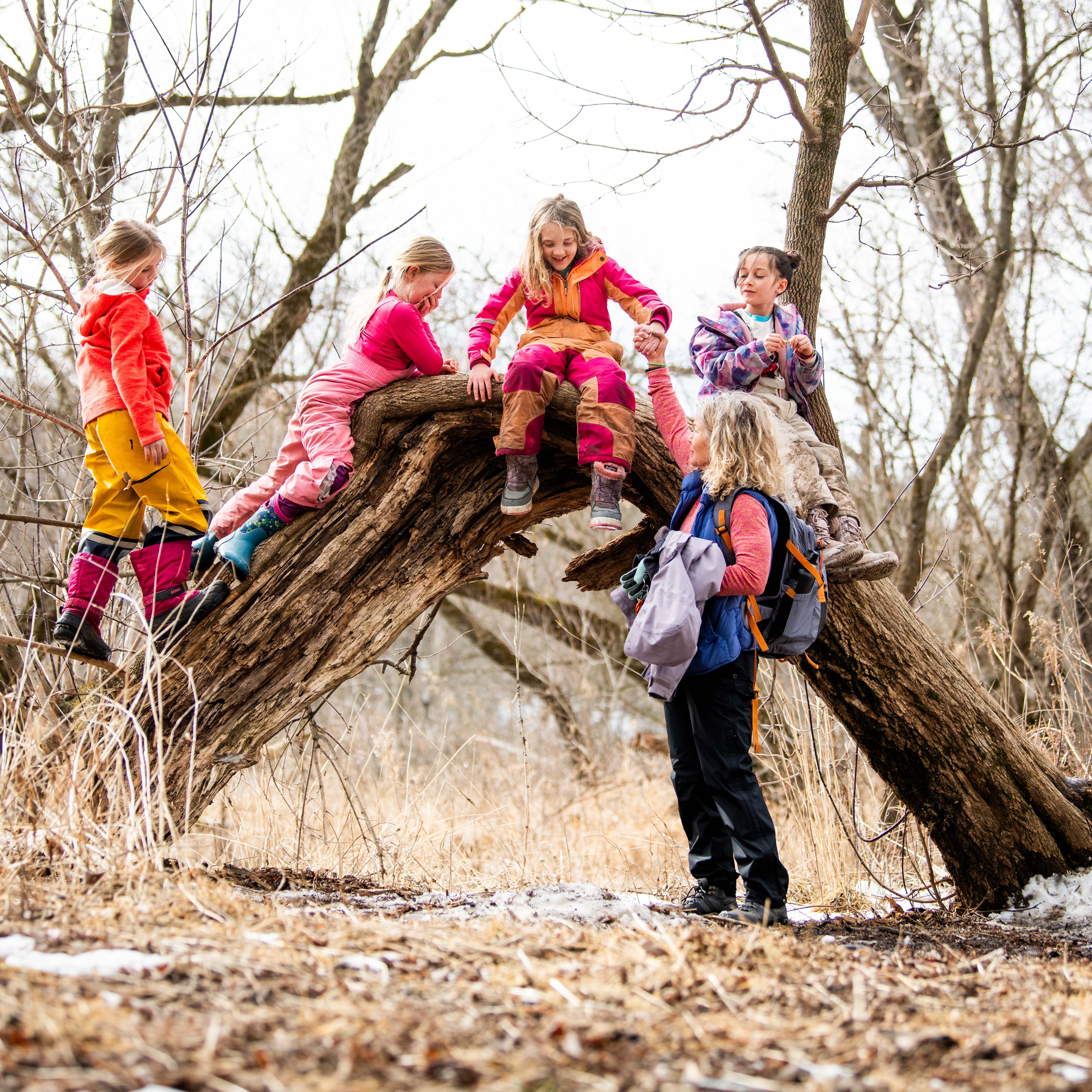 Five children in vibrant clothes sit on a tree trunk in a forest, with one standing nearby.
