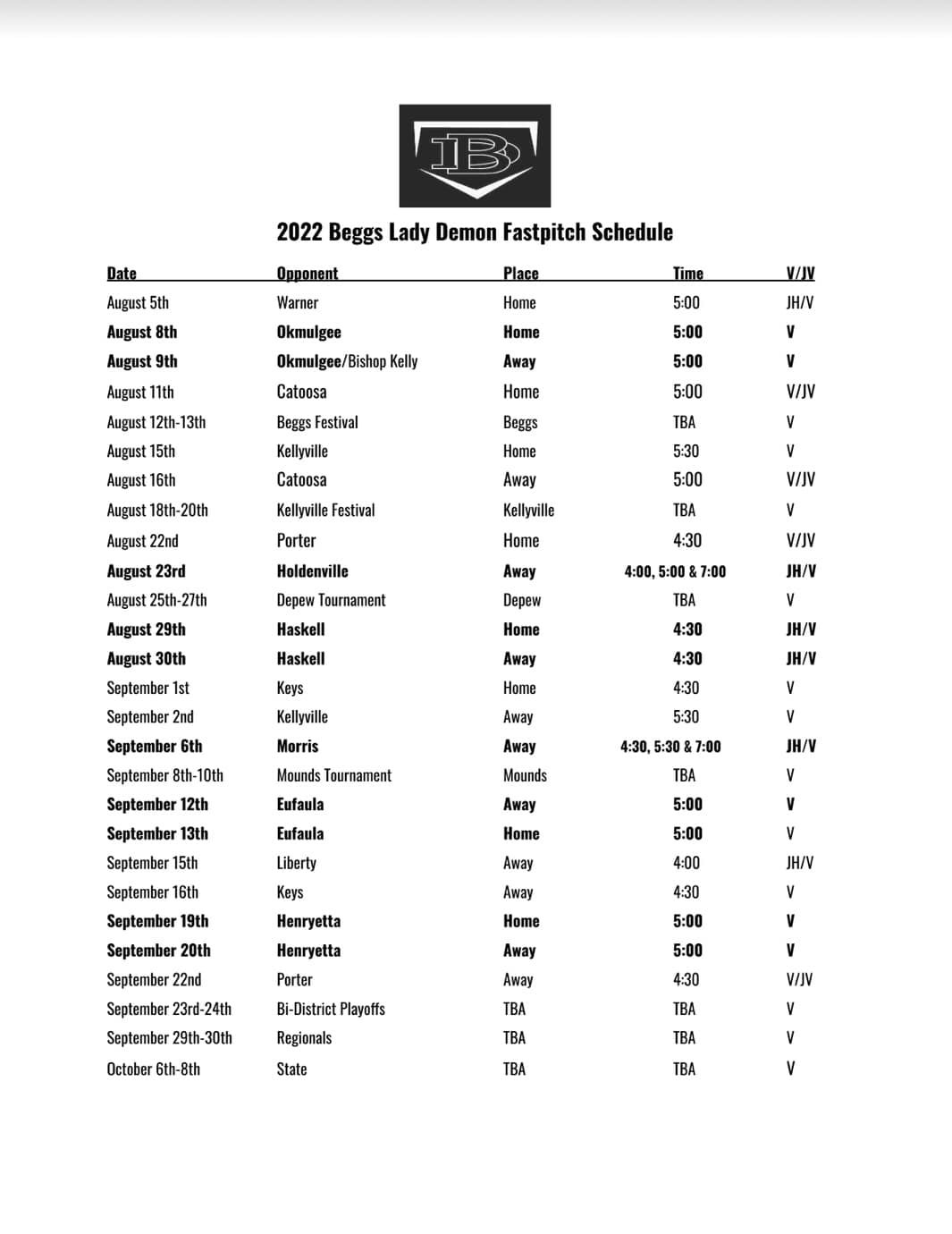 2022 Fastpitch Schedule