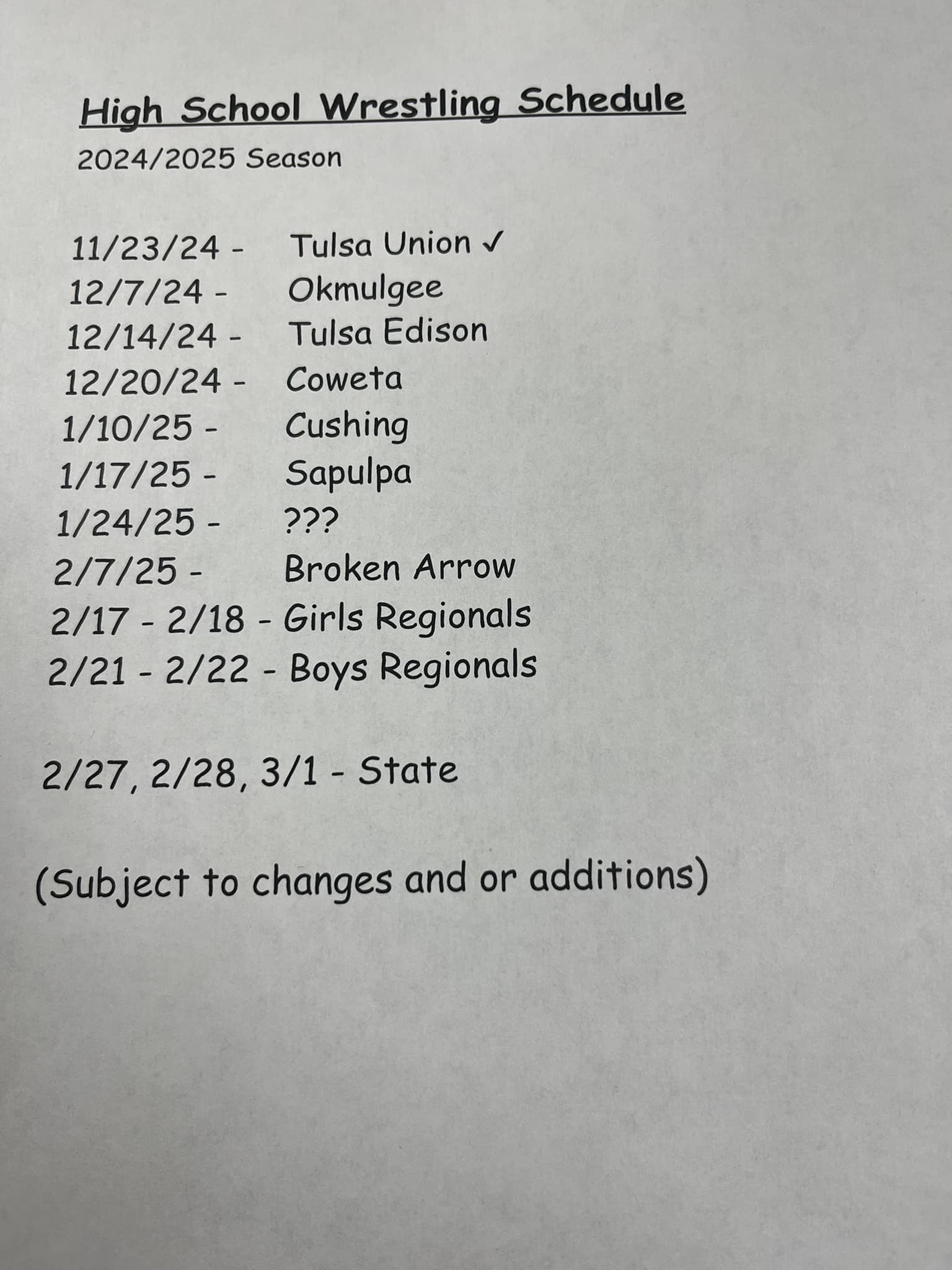 beggs wrestling schedule 