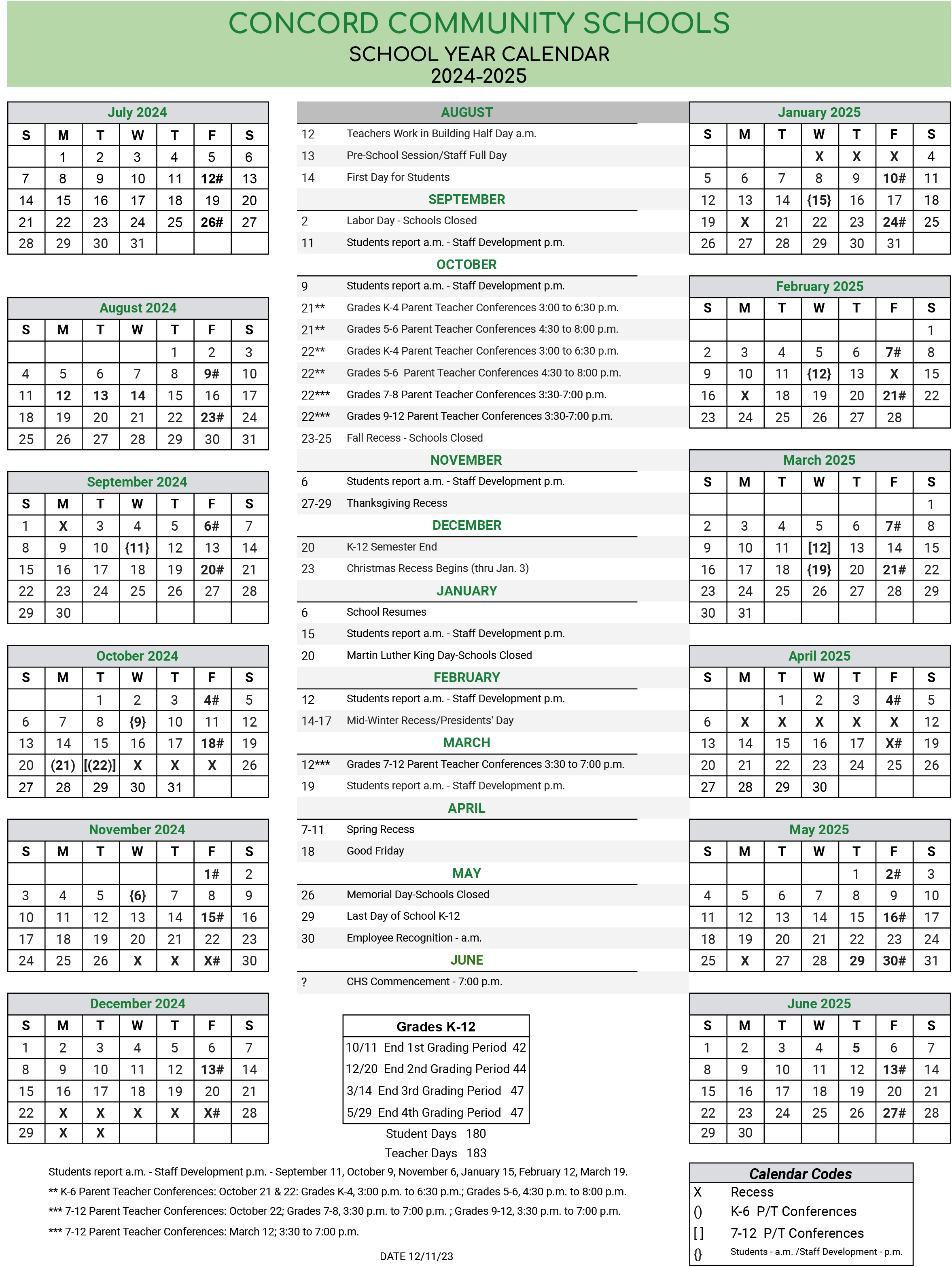School Year Calendar | Concord Community Schools