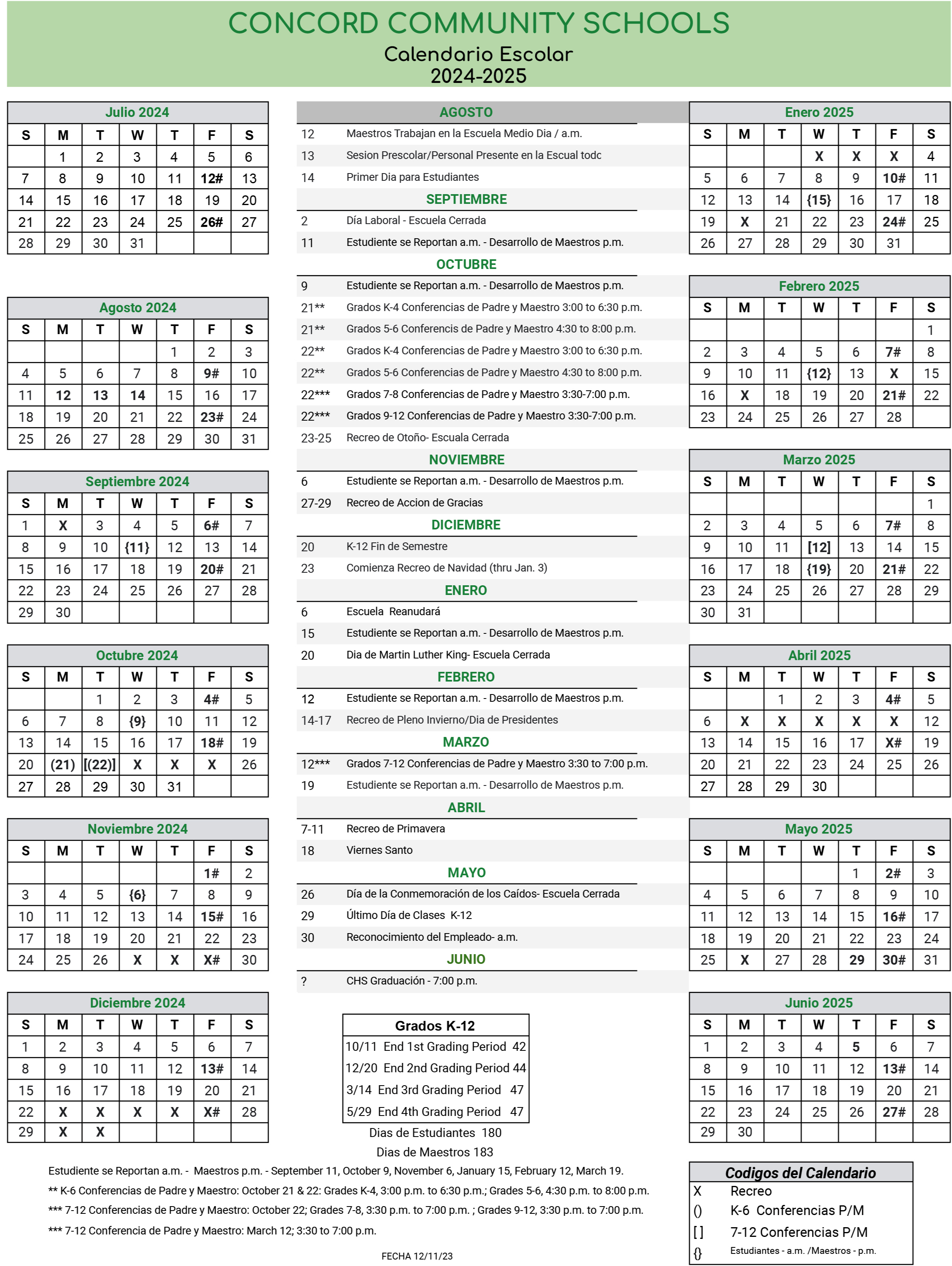 School Year Calendar | Concord Community Schools