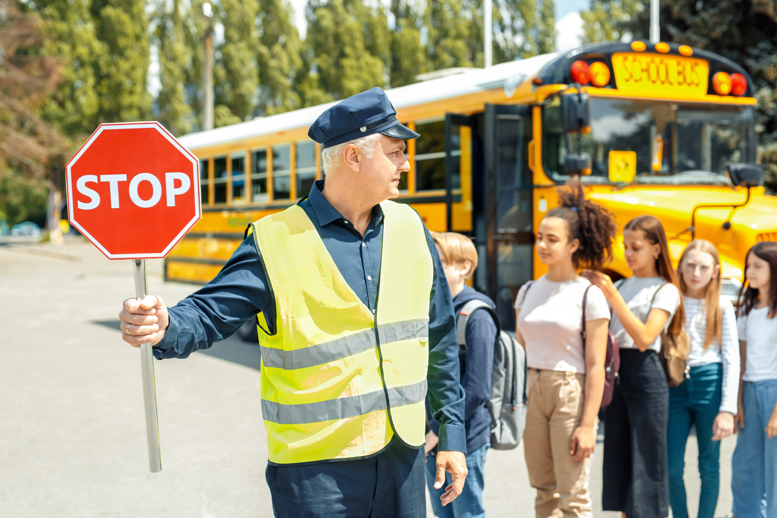 school crossing bar, kids and bus