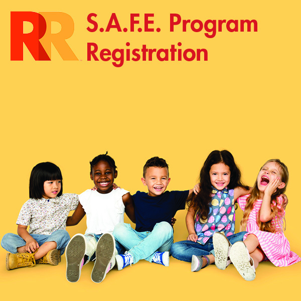 "SAFE Program Registration" written over an image of several children sitting together on the floor smiling.