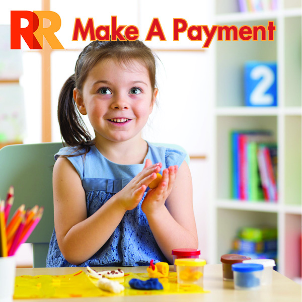 "Make a Payment" written over a photo of a little girl playing with clay at a table.