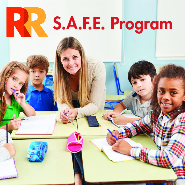 "SAFE Program" written over an image of a teacher working with kids at a table.