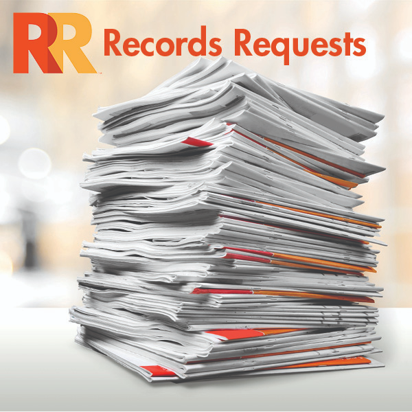 Stack of papers and folders with the words "Records Requests" written above them next to the RRPS logo.