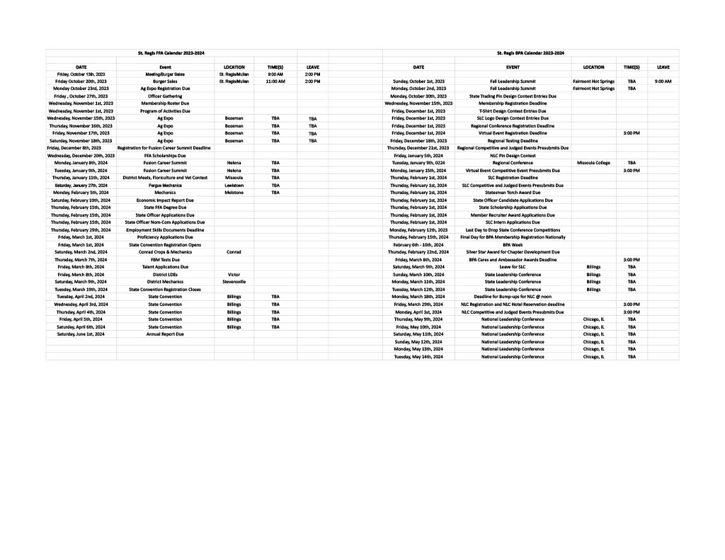 BPA and FFA Calendar