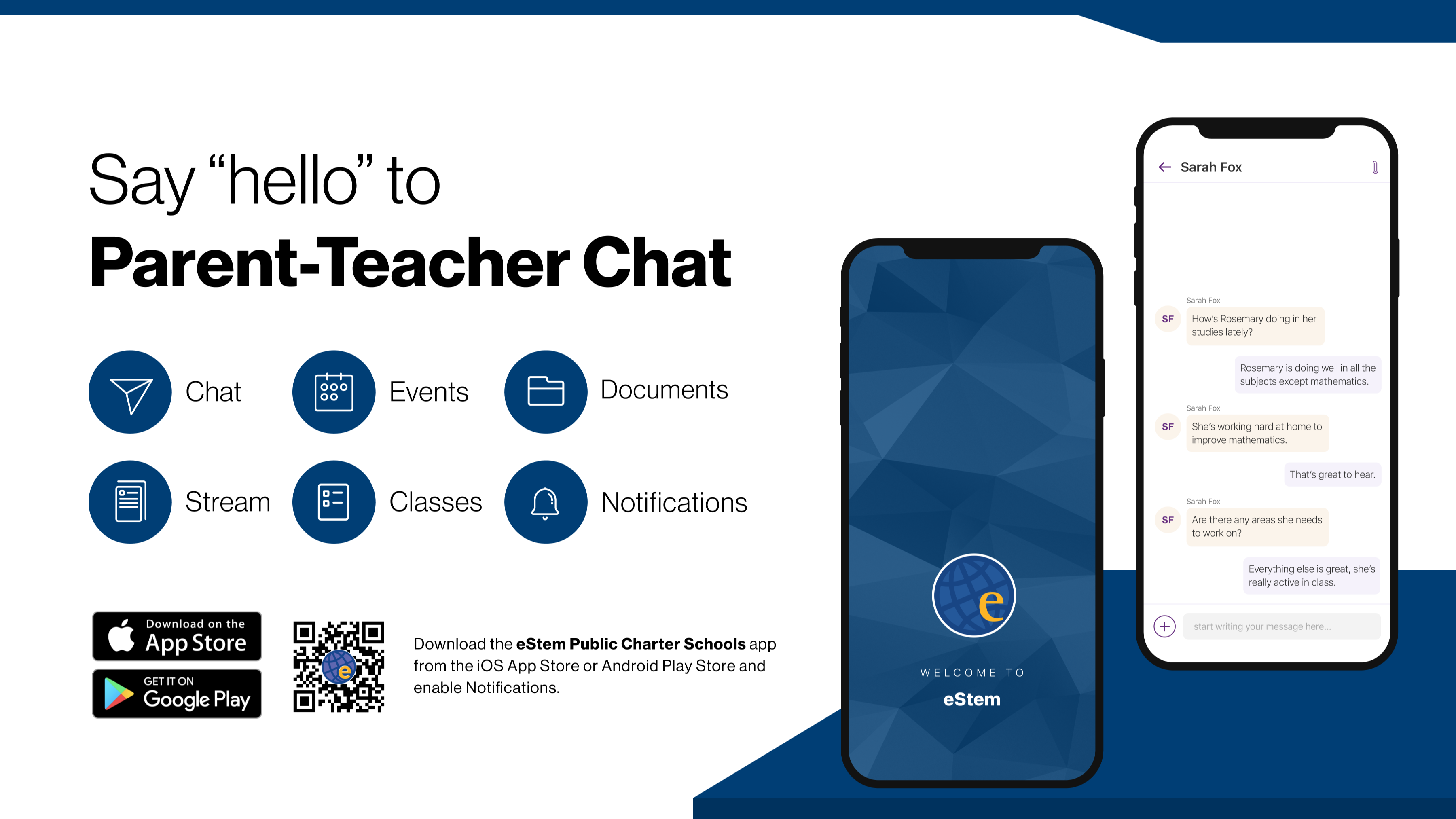 Say hello to Parent-Teacher chat in the new Rooms app. Download the eStem PCS app in the Google Play or Apple App store