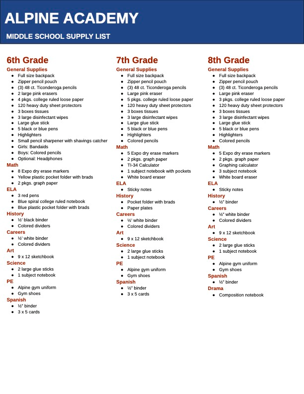 6-8 Supply List