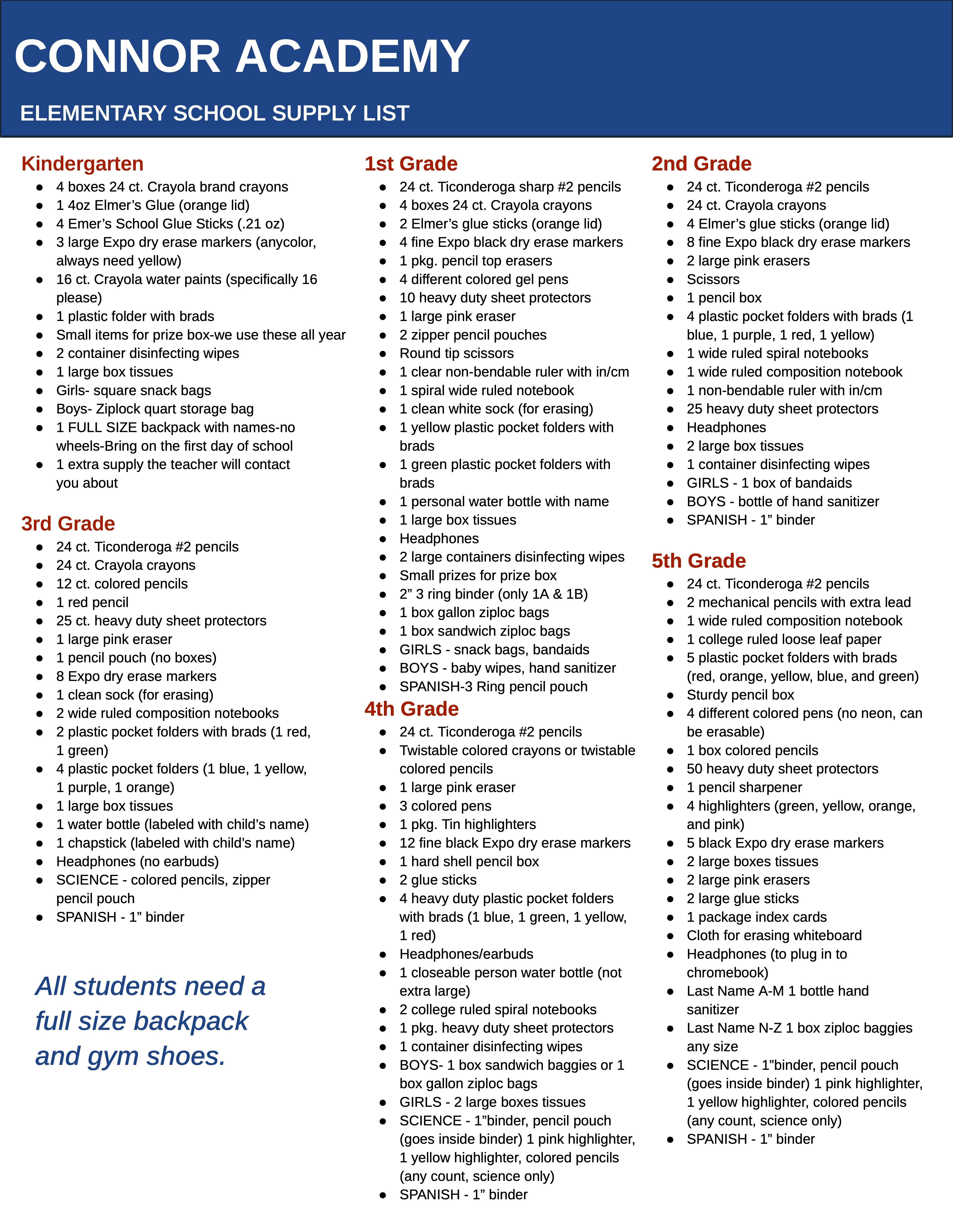 k-5 supply list