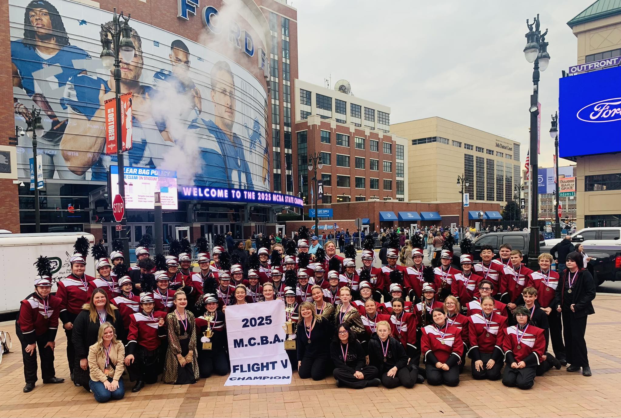 Marching Band group photo after winning 1st place at State 