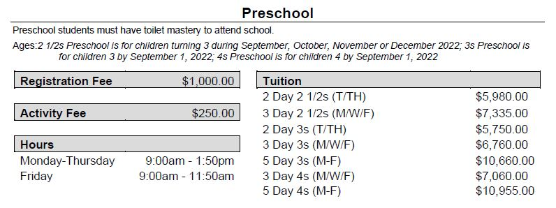 Tuition information Preschool