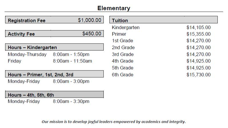 Tuition information Elementary