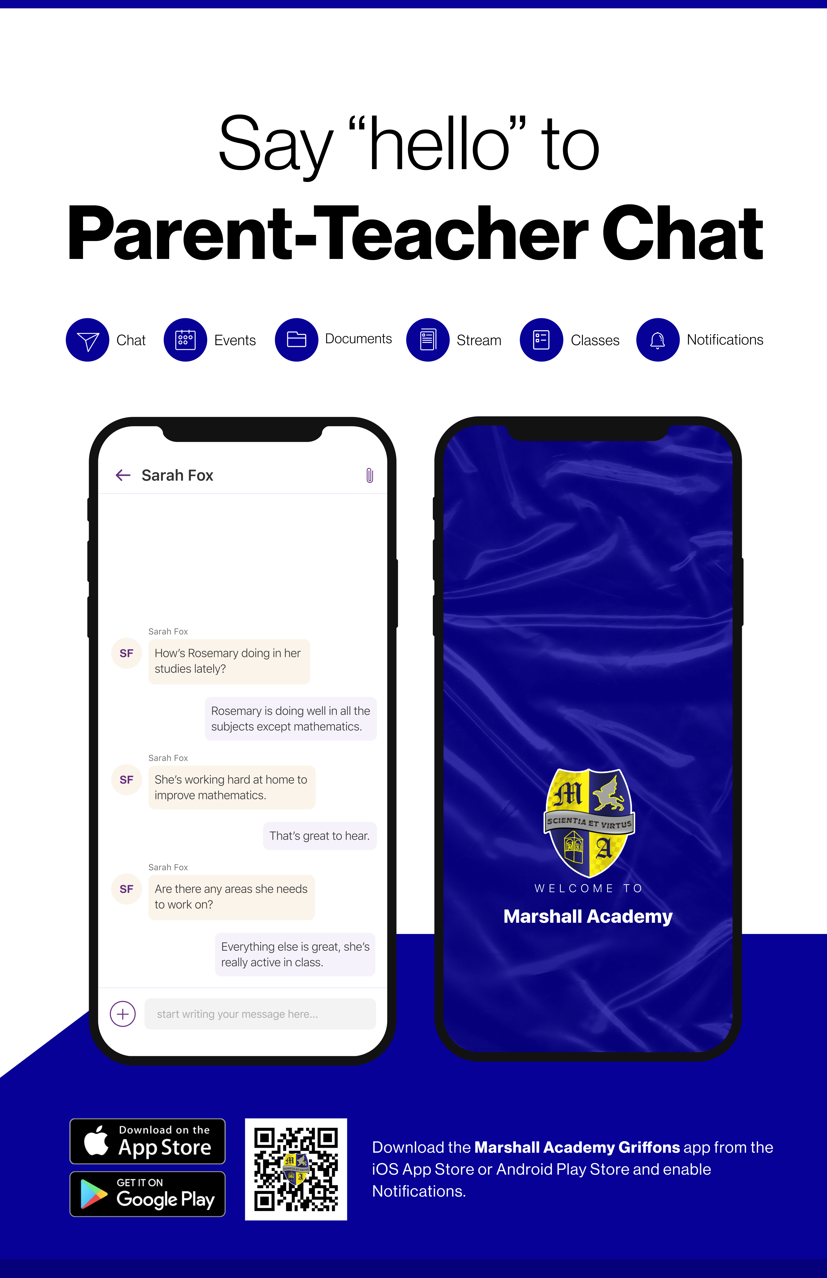 Say hello to Parent-Teacher chat in the new Rooms app. Download the Marshall Academy Public School app in the Google Play or Apple App store.