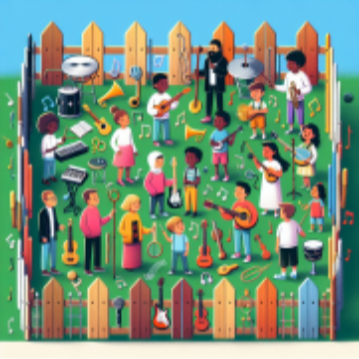 animated fenced in group of people playing instruments