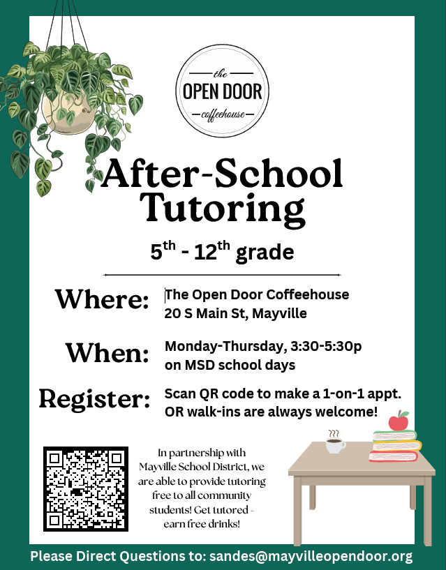 After School Tutoring at the Open Door Coffeehouse Mon-Thurs 3:30-5:30
