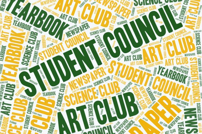 graphic that reads art club, newspaper, student council, science club, and yearbook