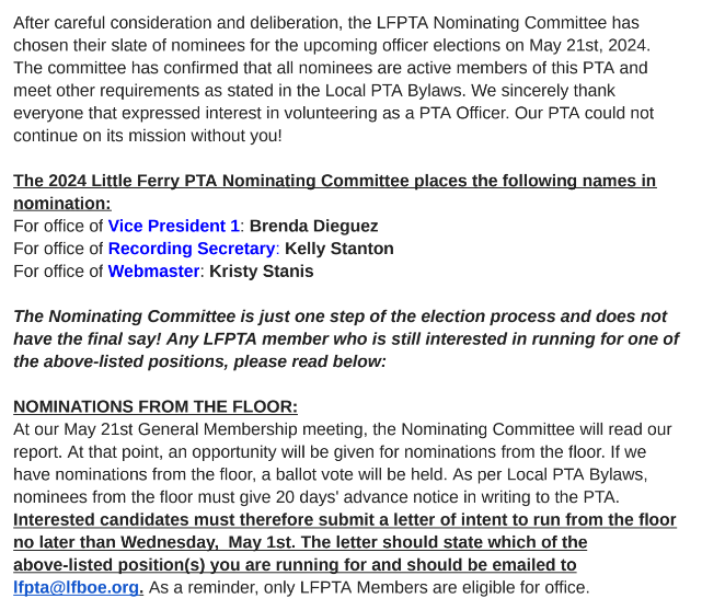 Parent Teacher Association Little Ferry Public Schools