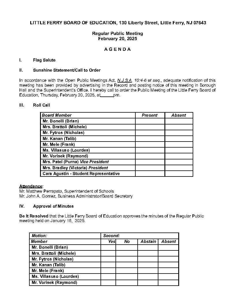 LFBOE Regular Meeting on 2/20/25