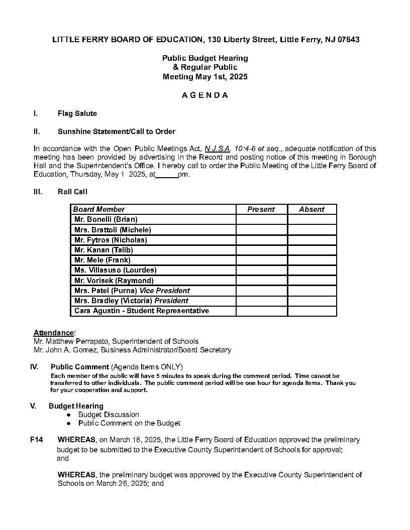 LFBOE Regular Meeting on 5/1/25