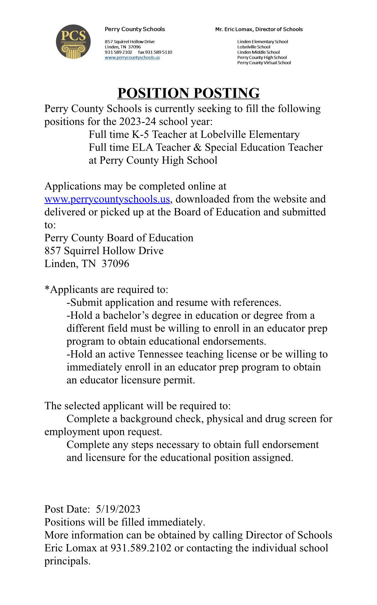 Job Postings Perry County Schools