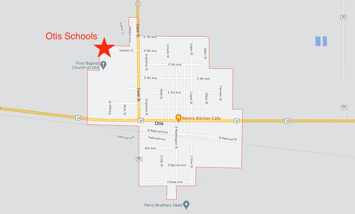 Map of Otis, CO with star at School District
