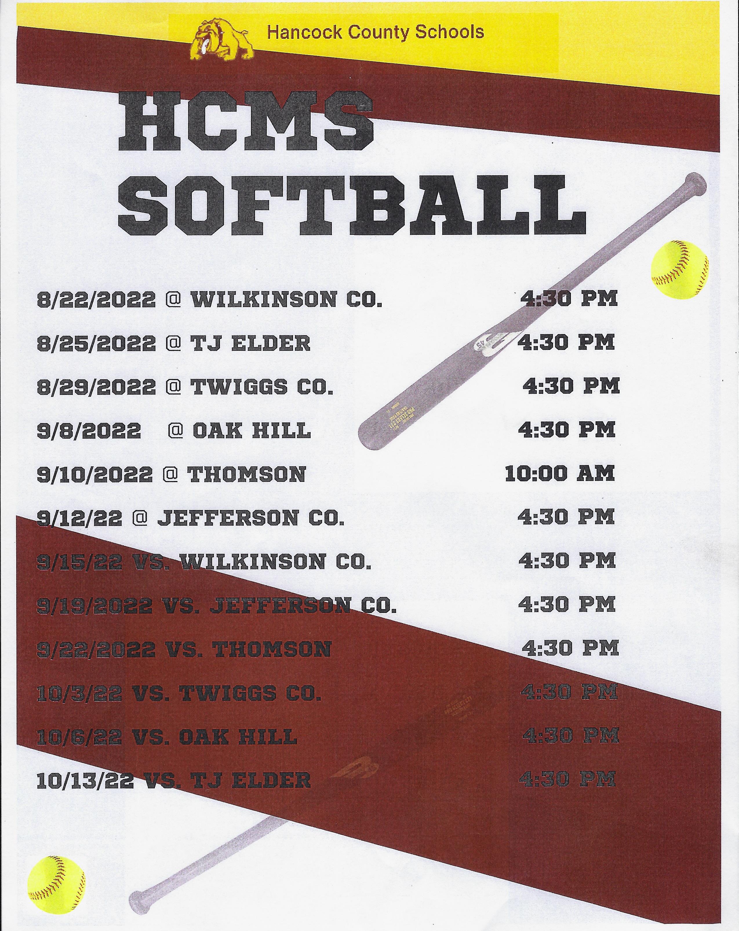 HCMS Softball Schedule 2022