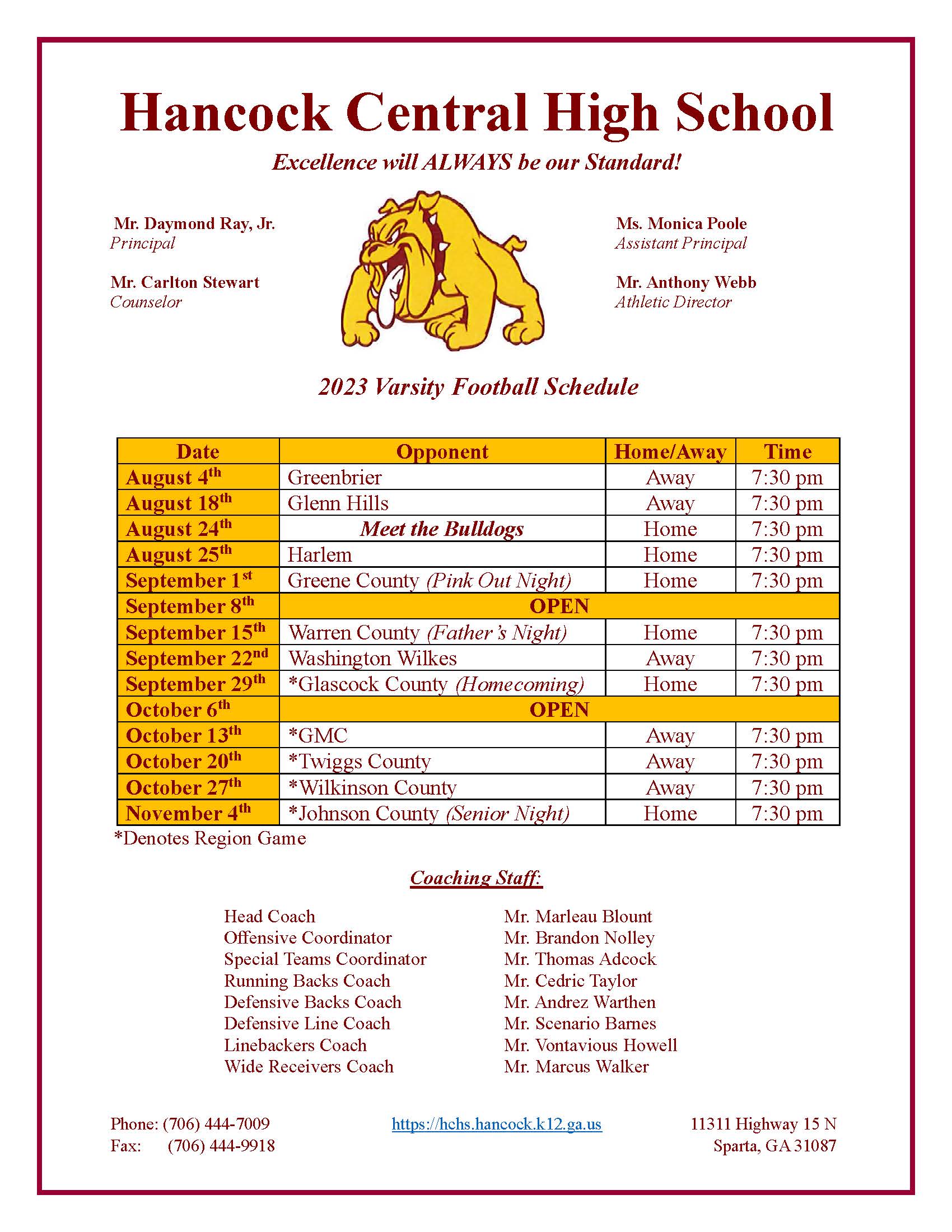 Varsity Football Schedule 2023 Hancock County Schools