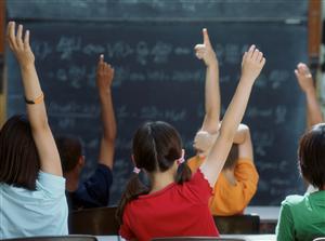 Students raising their hands in class