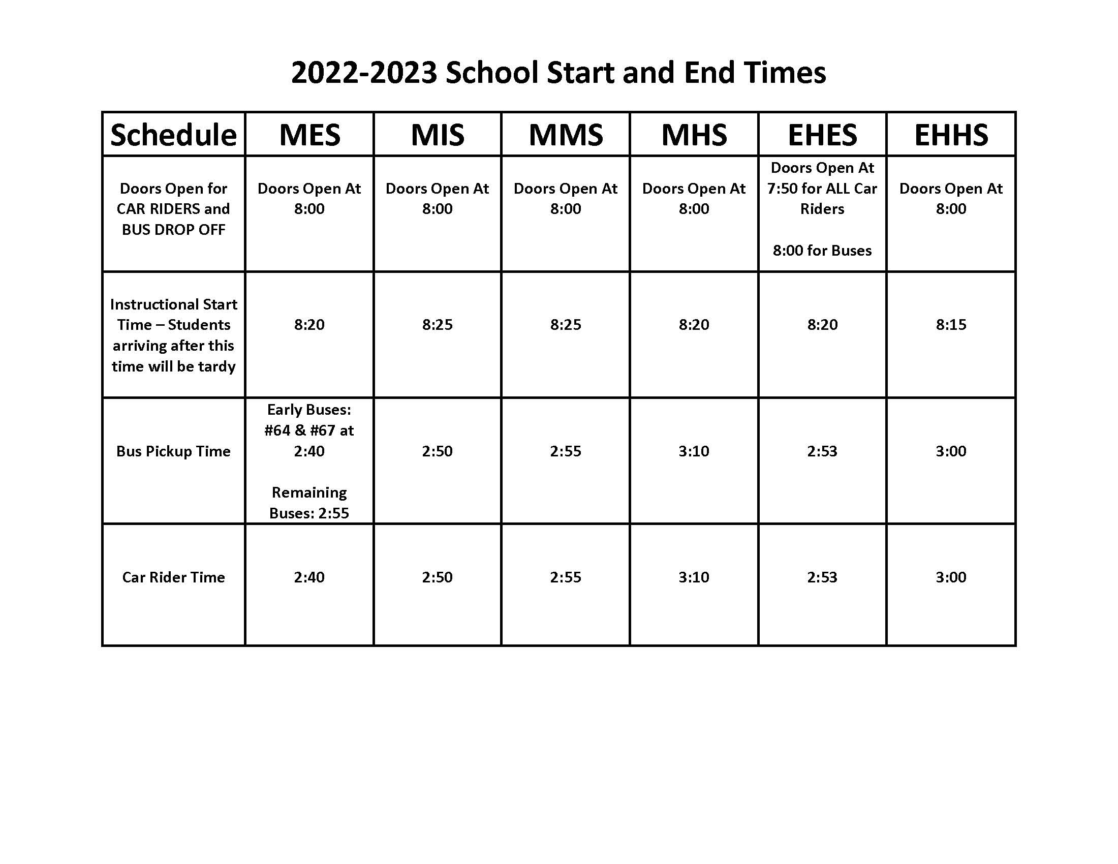 2022-2023 School Year Start and End Times
