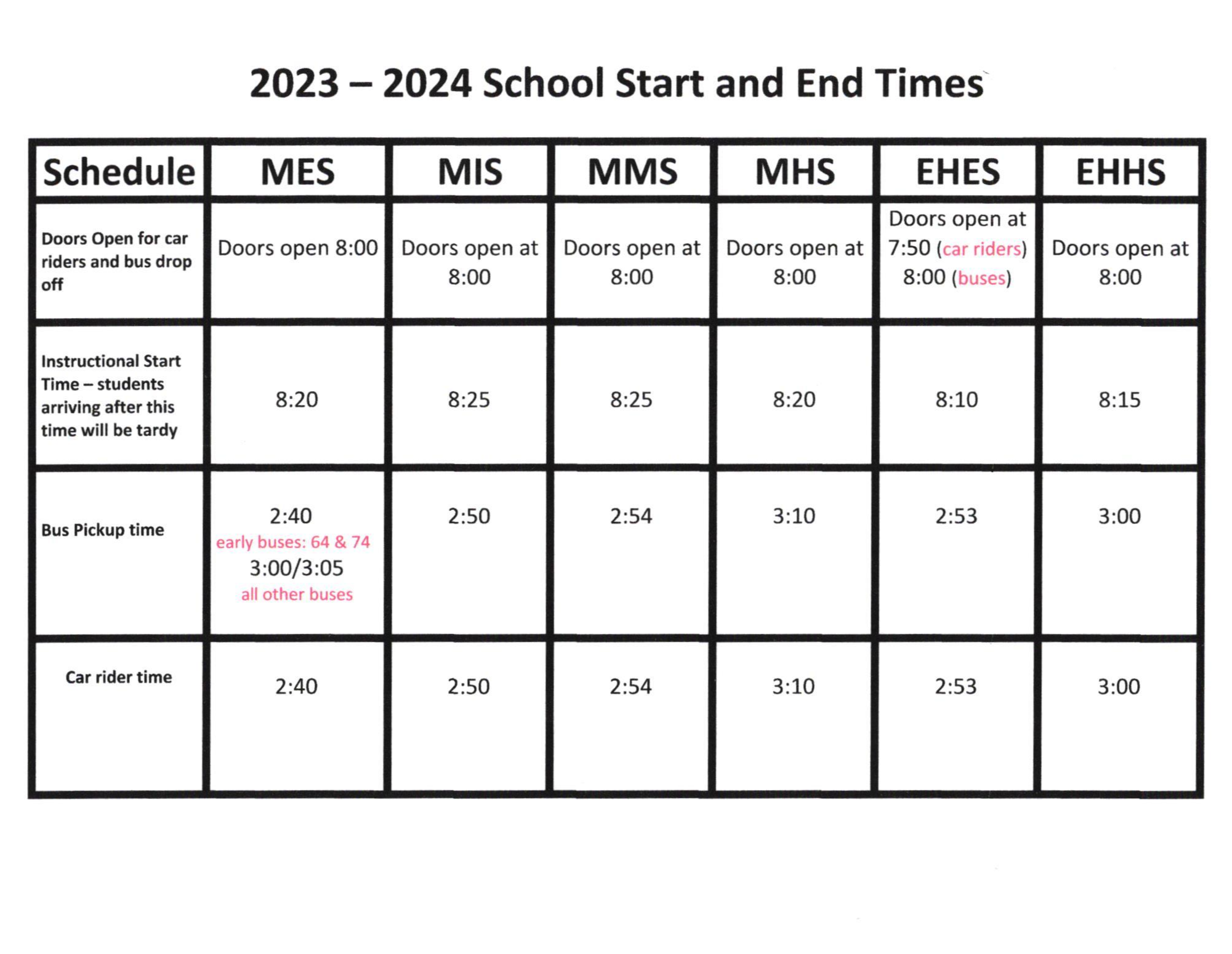 2023-2024 School Year Start and End Times