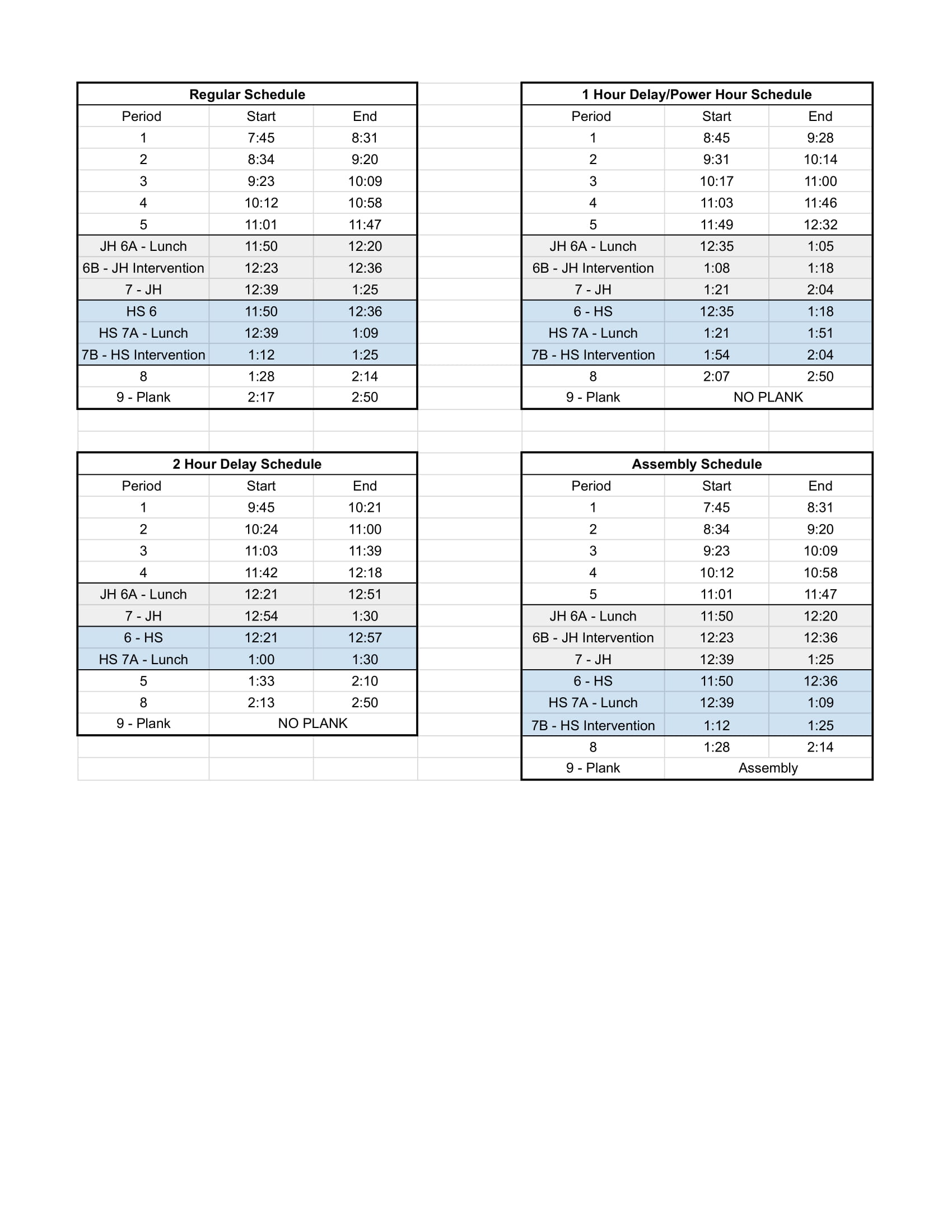 Daily Bell Schedule Grades 7-12