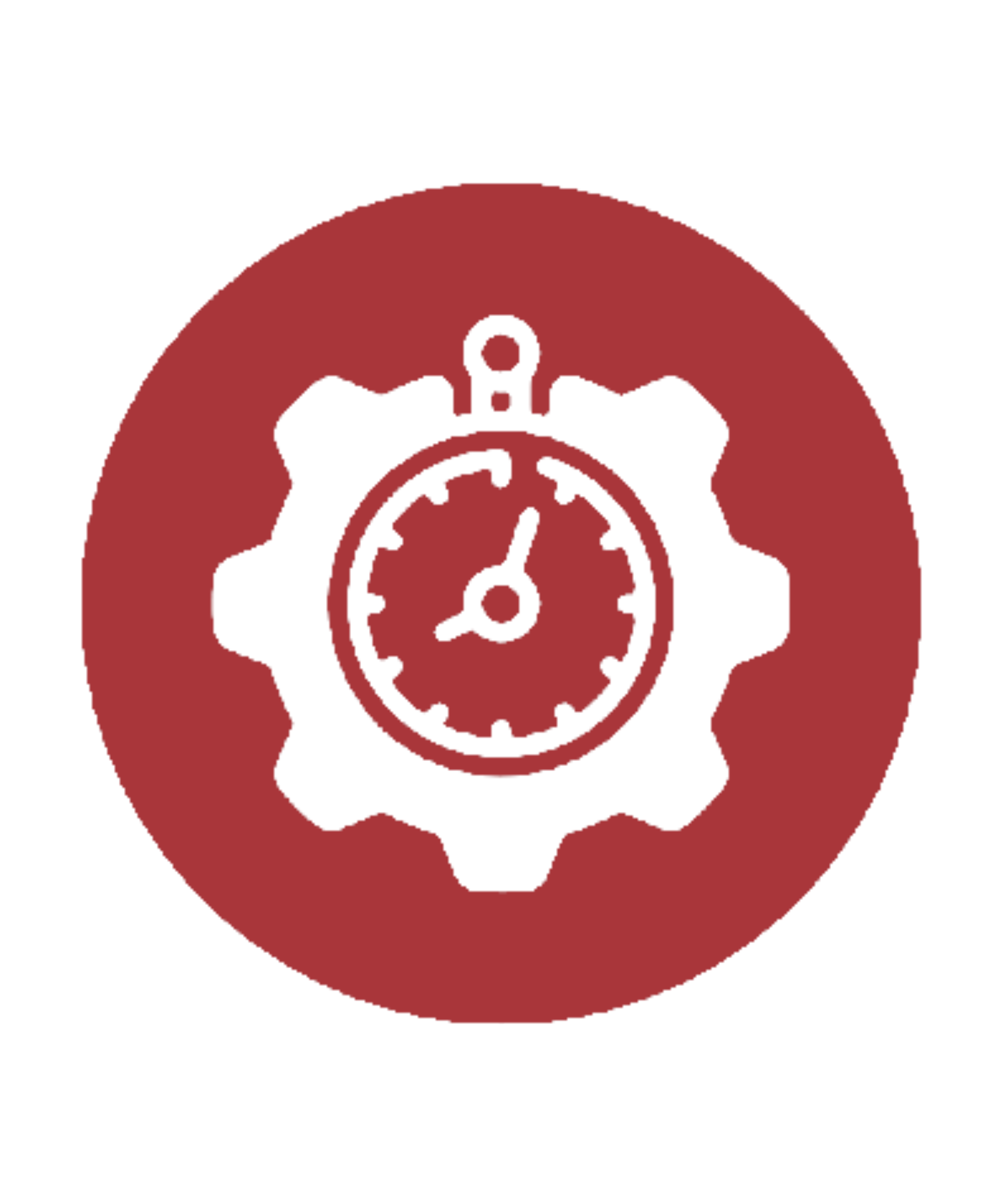 White stopwatch and gear icon on a red circle background.