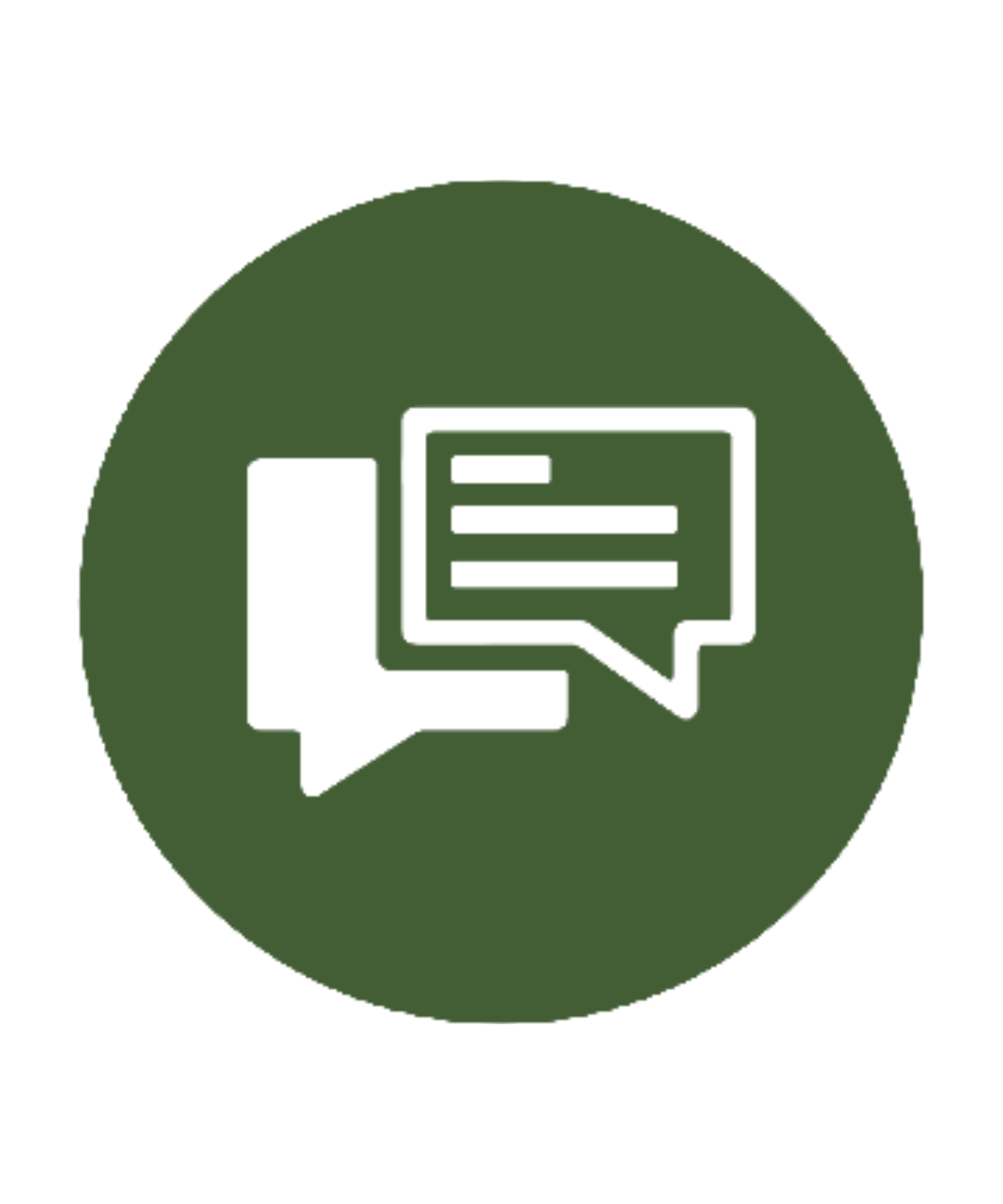 Green circle icon with two white speech bubbles, one solid and one with three horizontal white lines representing text.