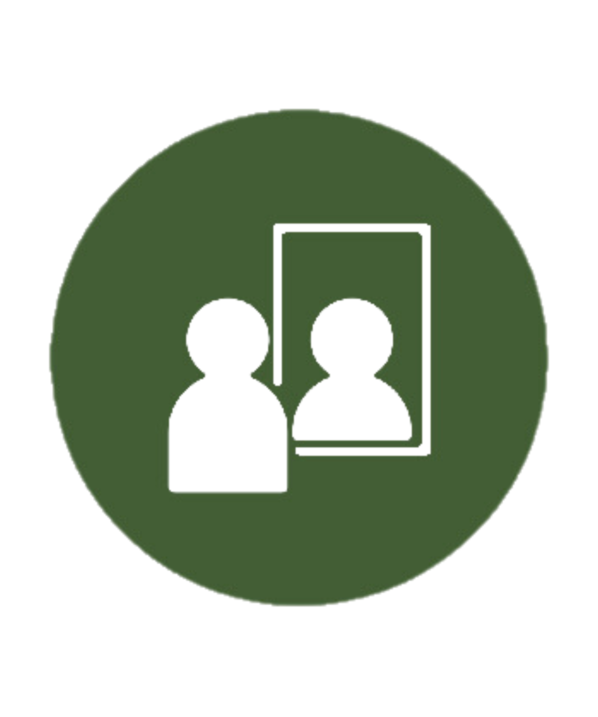 Circle icon with two human silhouettes and a mirror on a green background.