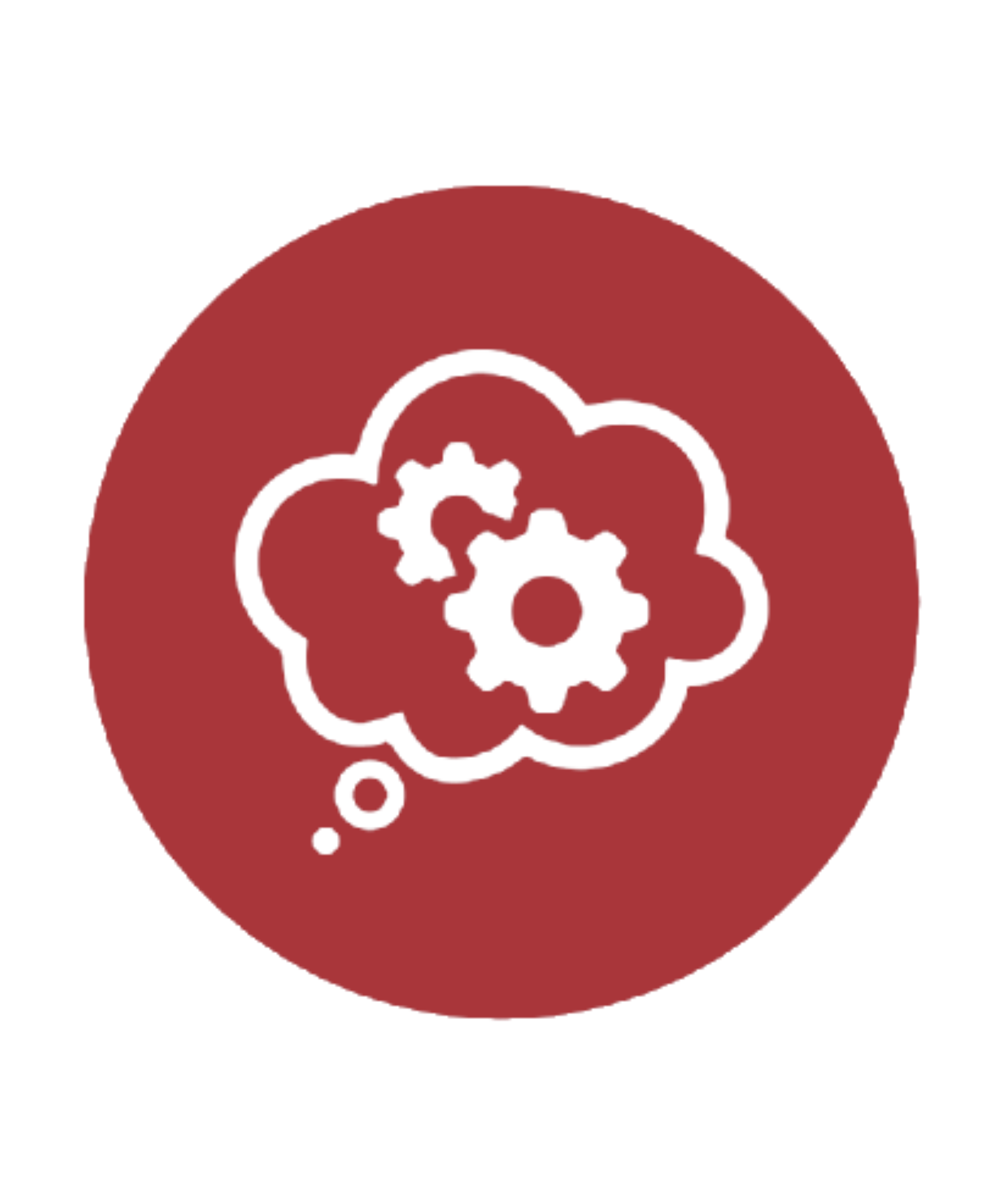 Red circle icon with a white thought cloud with gears inside.