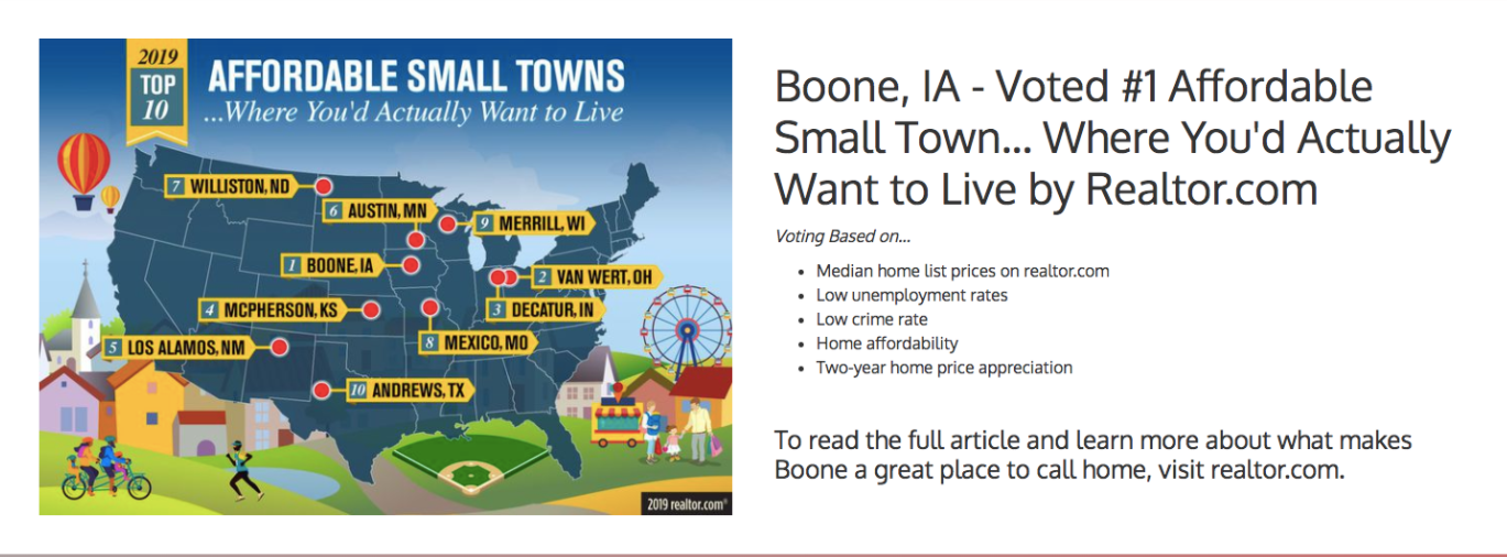 Boone Voted #1 affordable small town where you'd actually want to live by realtor.com