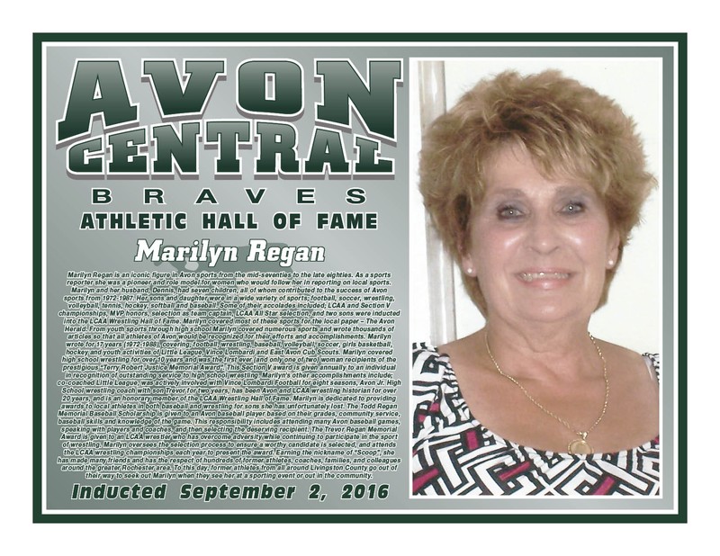 Leo’s accomplishments after graduating continue to make Avon proud, as he started on the St. Bonaventure University freshman basketball team, and was the student manager for the 1977 NIT Championship team. Following graduation, Leo lived out his passion for coaching, started his own sales consulting firm, authored two books, and has achieved a global reputation for his work. Leo has also generously contributed his time, talent, and treasure to his parish and community as a School Board President, and as a member of Alumni and Business Advisory Boards. Together with his wife Ann they have enjoyed raising their four children. He is most grateful for his mom and dad’s support and love, as well as his greatest role model, his brother Vince, one of Avon’s much respected citizens, and the 1964 Avon Senior Athlete of the Year.Marilyn Regan Marilyn Regan