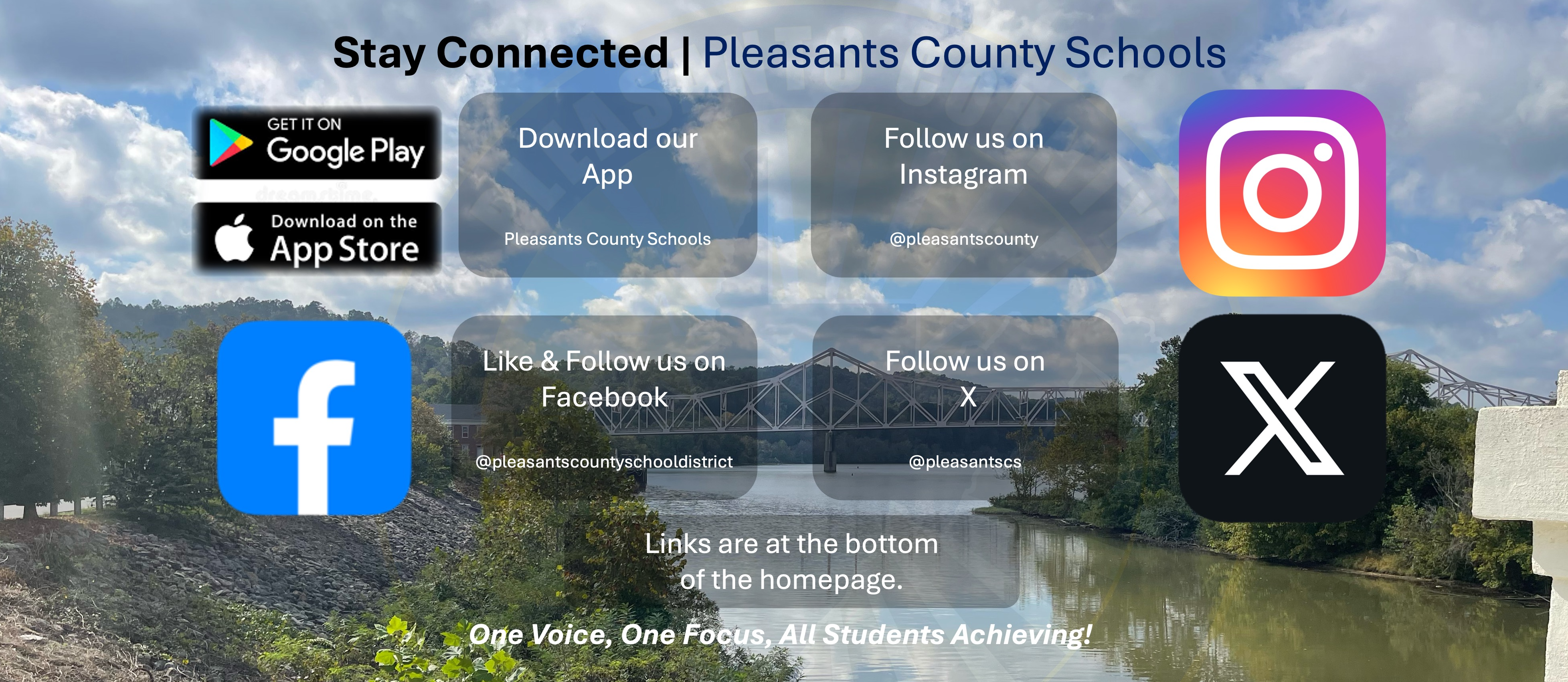 Connect with Pleasants County Schools through Facebook, Instagram, our App or X. Links are at the bottom of the homepage. Logos of the apps are on the screen with a picture of the St. Marys Bridge in the Background.