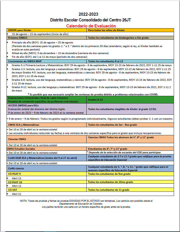 Assessment Calendar 2022-2023 - Spanish - Page 1