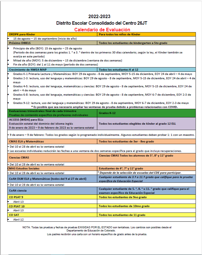 Assessment Calendar 2022-2023 - Spanish - Page 1
