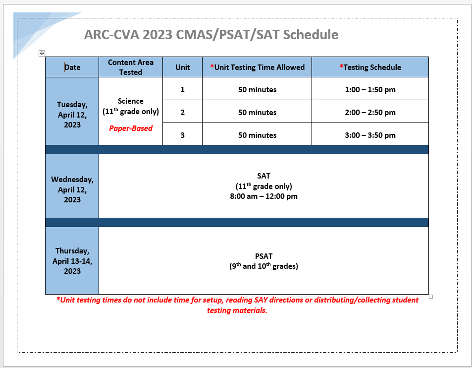 2023 State Testing Schedule ARC-CVA