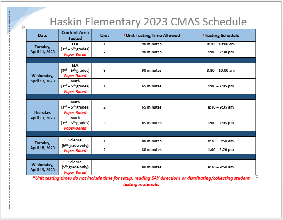 2022 Haskin Elementary CMAS Testing Schedule