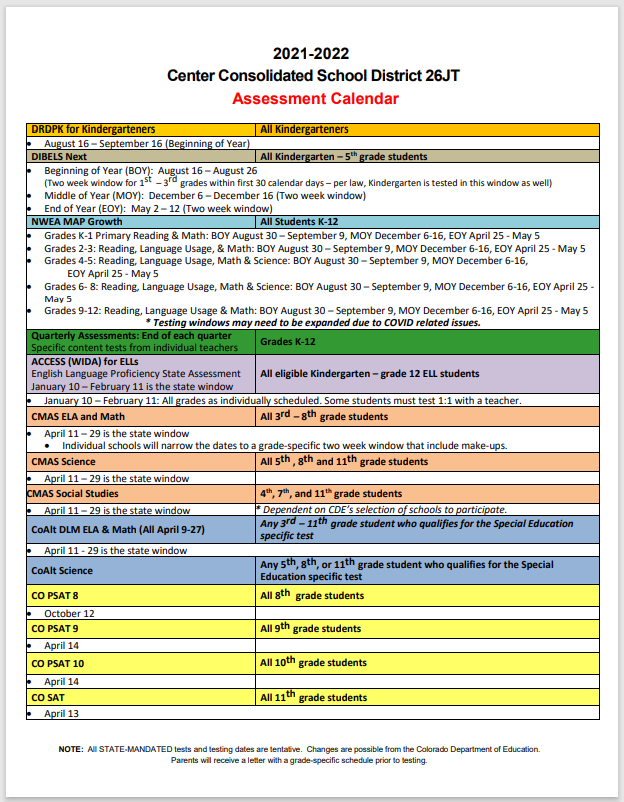 CCSD Assessment Calendar 2021-2022 page 1